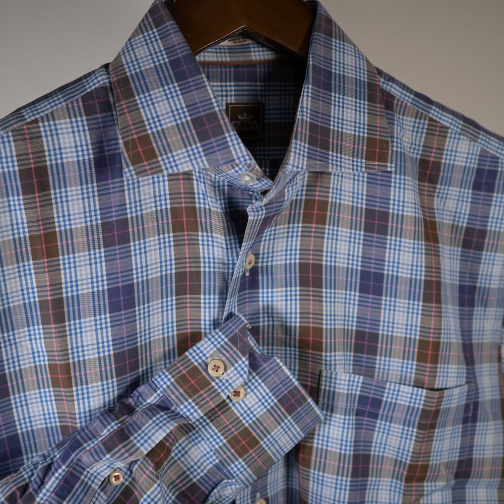 Peter Millar $175. Mens M‎ Blue Brown Plaid Cotton Button Down long sleeve Shirt
